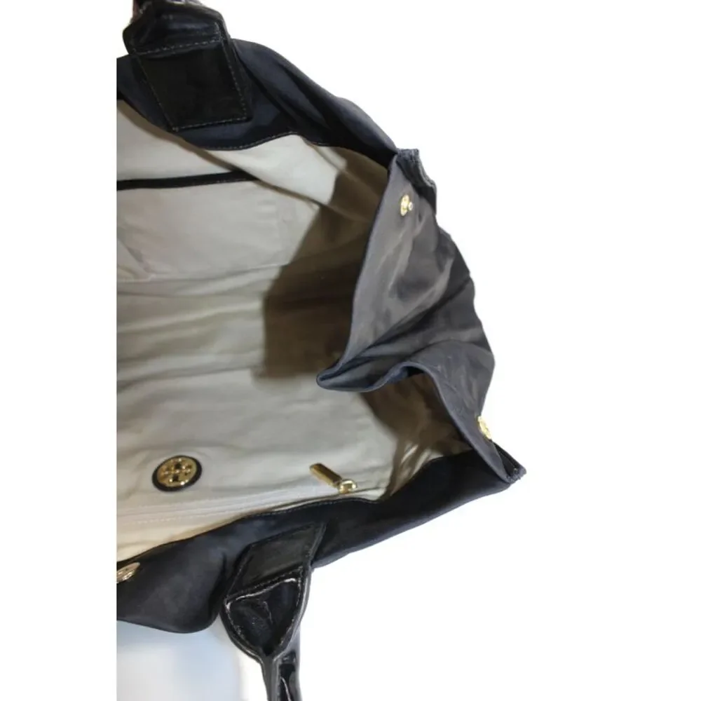 Tory Burch Womens Patent Leather Gold Tone Tote Shoulder Handbag Black